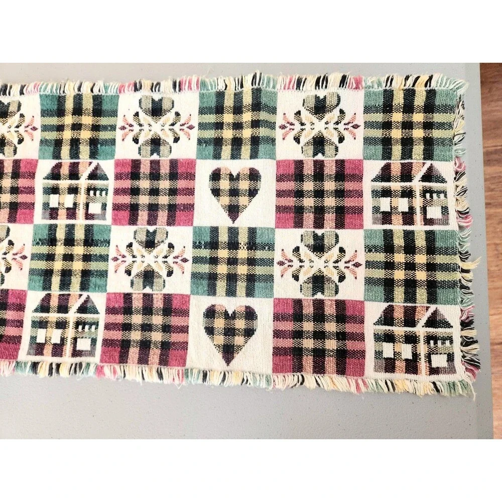 Cabin Chic Rustic Tapestry Table Runner Plaid Hearts Houses 70